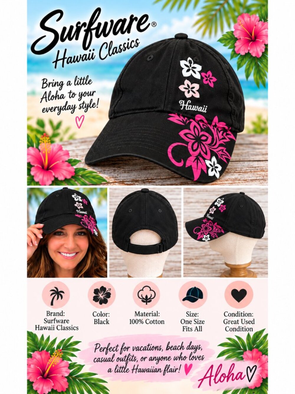 Surfware Hawaiian Classics Baseball Cap Black Floral Design